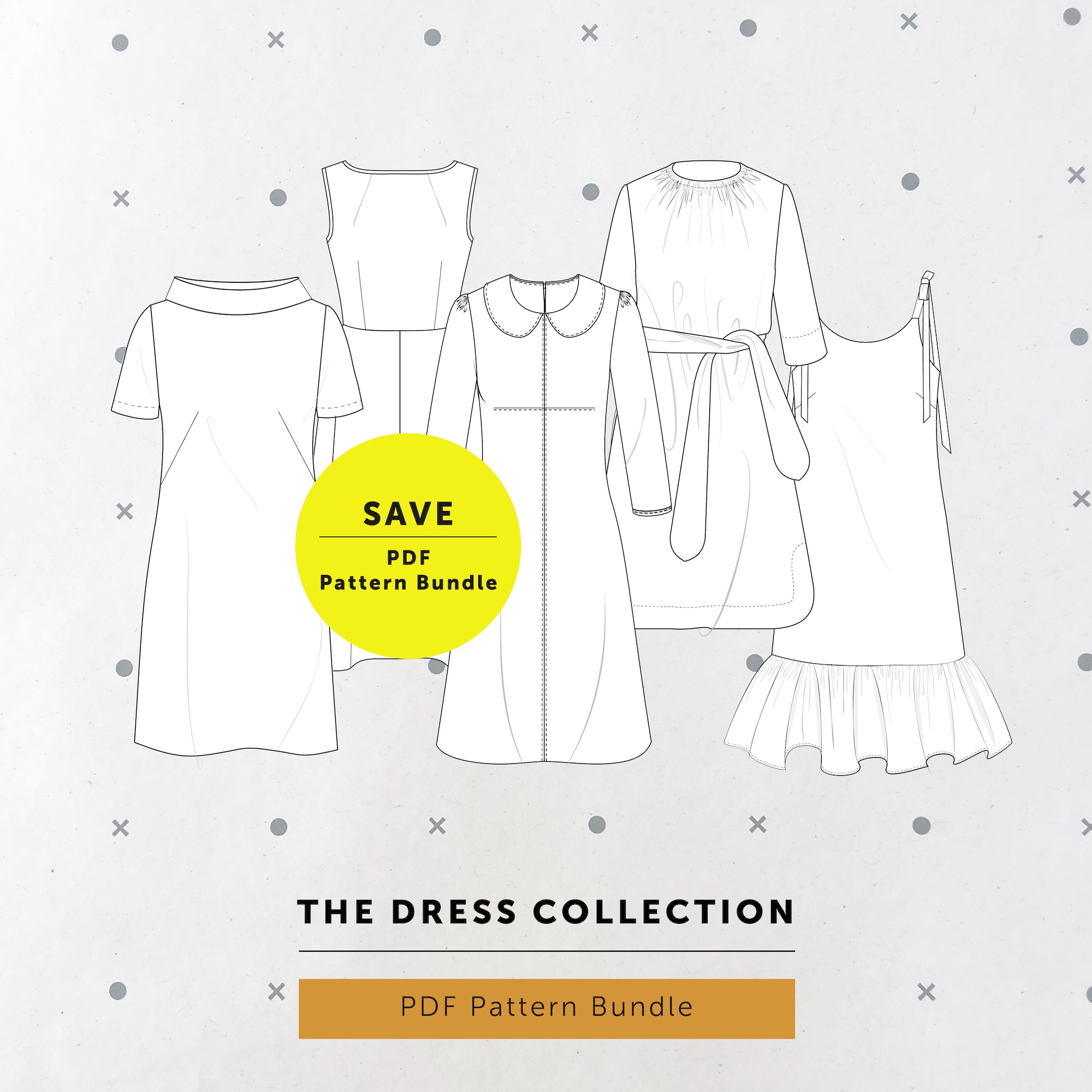 image of 5 dresses line drawings